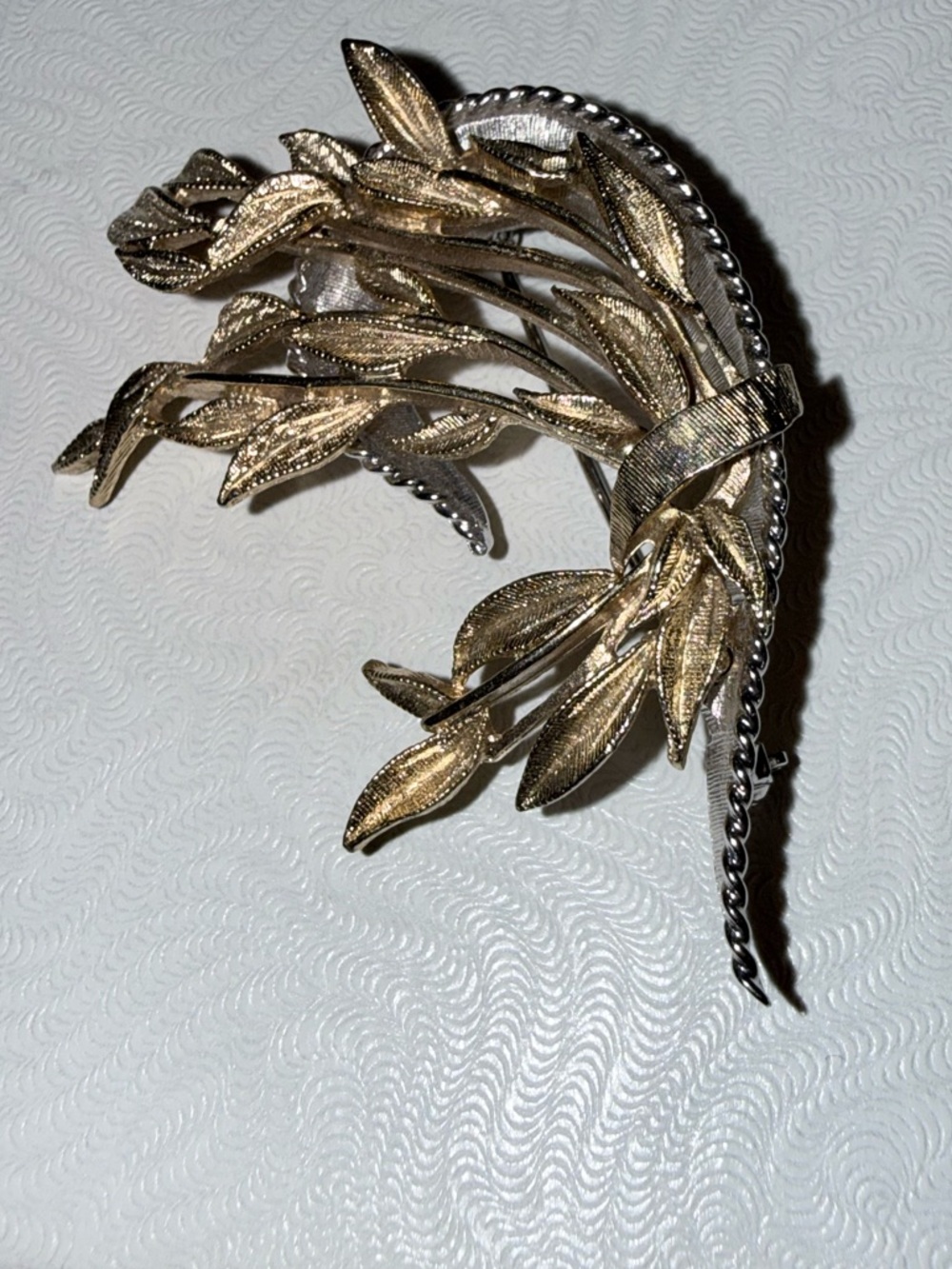 Gold Leaf Cluster Brooch with Silver Tone Accents